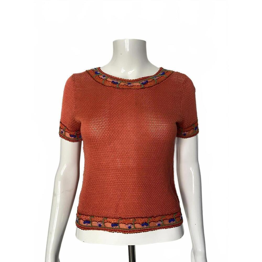 Moschino Cheap And Chic Short Sleeve Cotton Knit Beaded Sweater Top US-4 Orange